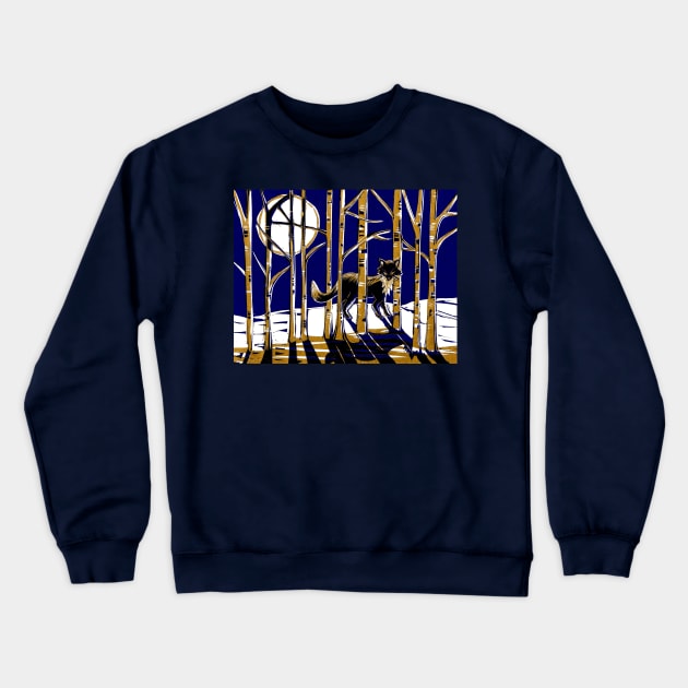 Fox in Moonlit Forest Linocut in blue and gold Crewneck Sweatshirt by Maddybennettart